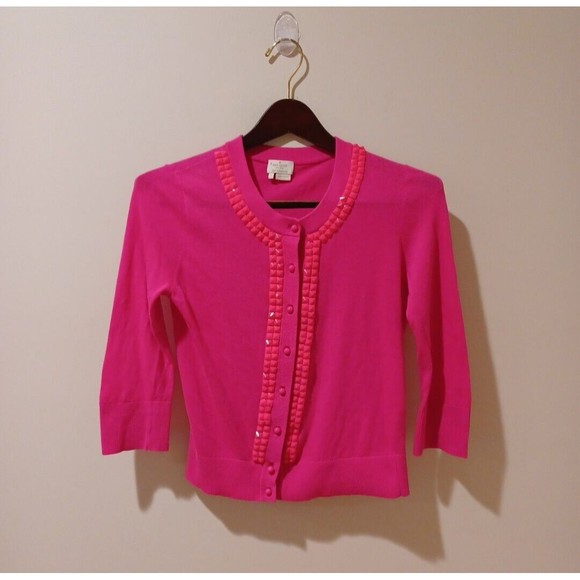 Kate Spade Kati Barbie Pink 3/4 Sleeve Cardigan Studded Trim Sweater Size S Y2K - Picture 2 of 8